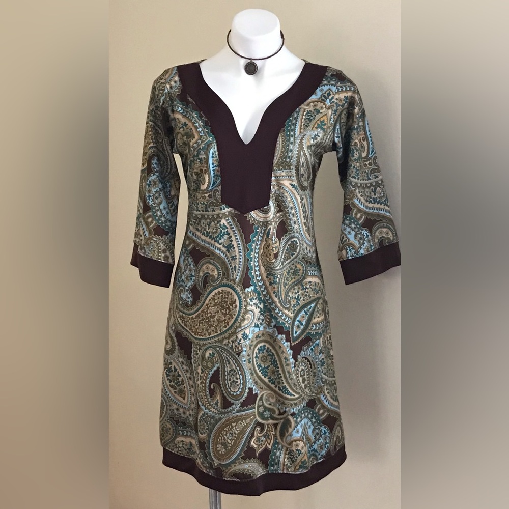 B Skinz Vintage Paisley Brown Blue Green Beige 3/4th Sleeves V Neck Dress Sz. M